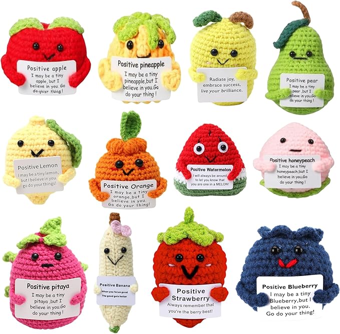HunnmingRe 12 Pcs Cute Crochet Doll with Positive Card Soft Wool Animals Creative Knitting Dolls for Positive Support Inspirational Birthday Encouragement Gift(Fruit Style)