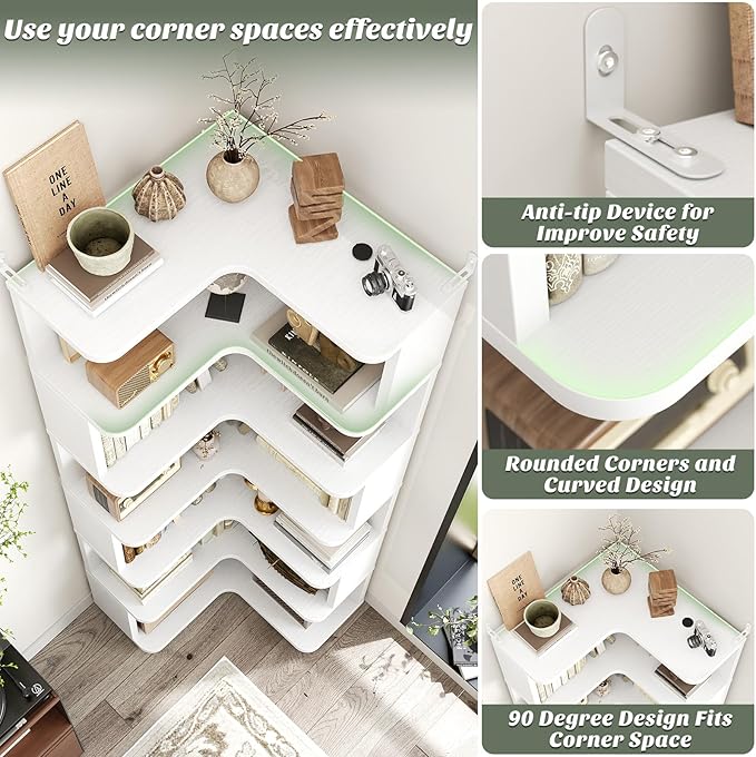 Armocity Corner Book Shelf - 7 Tier Corner Bookshelf Etagere Bookcase with Baffle, Freestanding L Shaped Display Shelf Stand for Home Office, Living Room, Bedroom, Kitchen, White