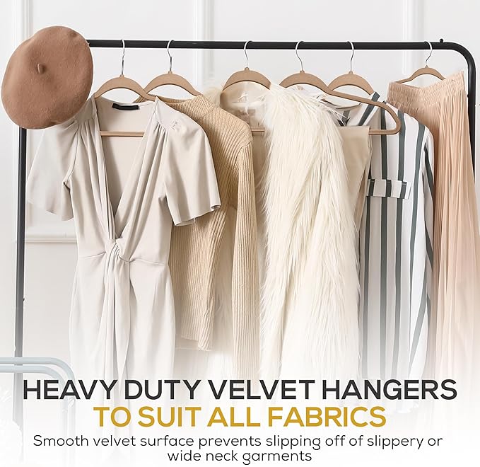 50 Pack New Premium Quality Velvet Hangers Ultra Thin Non Slip Adult Felt Space Saving Hangers for Closet Heavy Duty Coat Pants Dress Hangers 360° Swivel Hook Hold Upto 10 lbs Warm Taupe