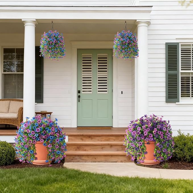 Artificial Hanging Flowers for Outdoors, 2 Pcs Fake Hanging Plant Spring Summer Decoration, UV Resistant No Fade Faux Flower for Porch Patio Yard Window Home Decor(Purple Blue)