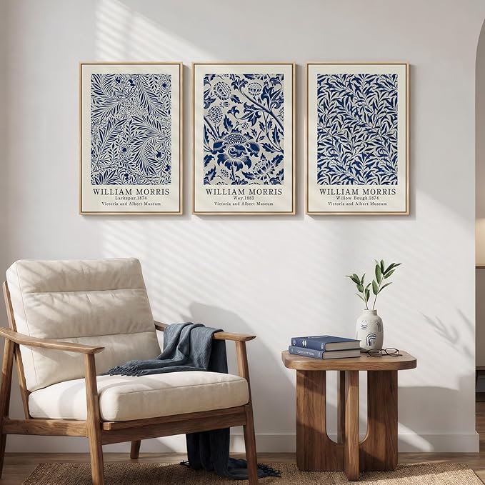 Framed William Morris Wall Art Set of 3, Large Vintage Blue Botanical Floral Canvas Prints, Farmhouse Aesthetic Wall Decor for Living Room Bedroom Hallway Office, 16x24 Inch