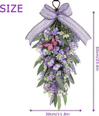 Jusdreen LED Teardrop Floral Wreath with Butterflies, Faux Lavender Hanging Decor with Lights for Farmhouse Home