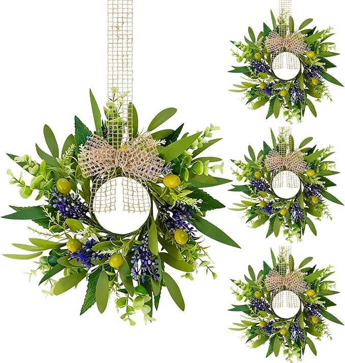 4 PCS Green Eucalyptus Olive Swag Wreaths for Pillars Spring Summer Greenery Kitchen Cabinet Wreaths Mini Green Boxwood Leaves Wreath with Ribbon for Front Door Porch Wall Window Farmhouse Decoration
