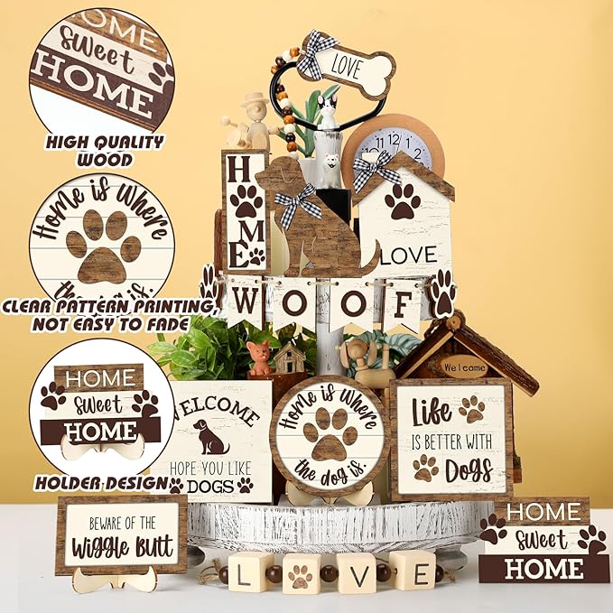 Mifoci 16 Pcs Dog Tiered Tray Decor Cute Dog Signs Home Decor Wooden Woof Decorative Trays Farmhouse Vintage Sweet Home Wooden Sign for Winter Kitchen Coffee Bar Decoration