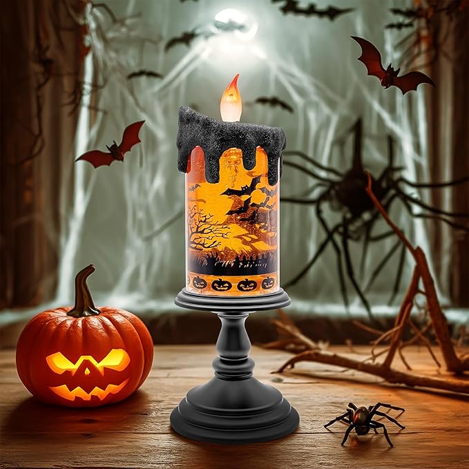 Halloween Snow Globe Flameless Candle – Lighted Halloween Glitter Lantern with Spinning Water and Timer, Pumpkin & Bat Scene Halloween Decor for Home, Party, Table Centerpiece