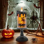 Halloween Snow Globe Flameless Candle – Lighted Halloween Glitter Lantern with Spinning Water and Timer, Pumpkin & Bat Scene Halloween Decor for Home, Party, Table Centerpiece