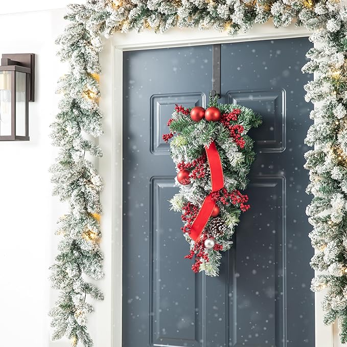 Glitzhome 25" Flocked Christmas Teardrop Door Swag with Berries, Ornaments and Pinecones Snow Dusted Hanging Garland for Front Door Indoor Holiday Decor