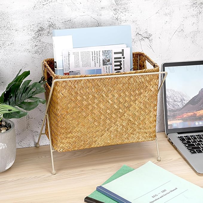 BTSKY Handwoven Magazine Holder, Natural Seagrass Magazine Basket with Metal Rack, Mail Holder Floor Organizer for Office, Living Room, Dorm, Bathroom, Woven Rattan File Basket with Handle(Caramel)