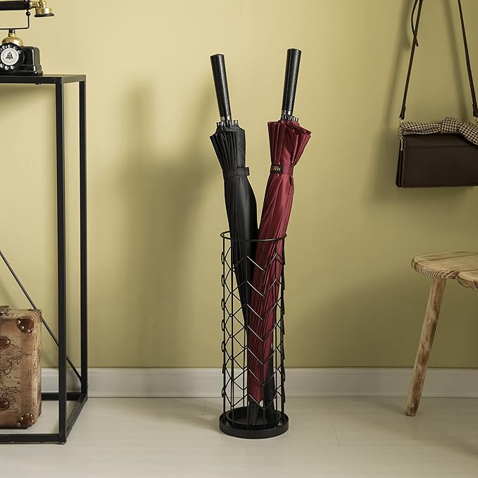 Vintiquewise Black Umbrella Holder for Entryway, Indoor & Outdoor Umbrella Stand with Drip Tray, Cane Stand, Umbrella Basket, Horizontal Round Design