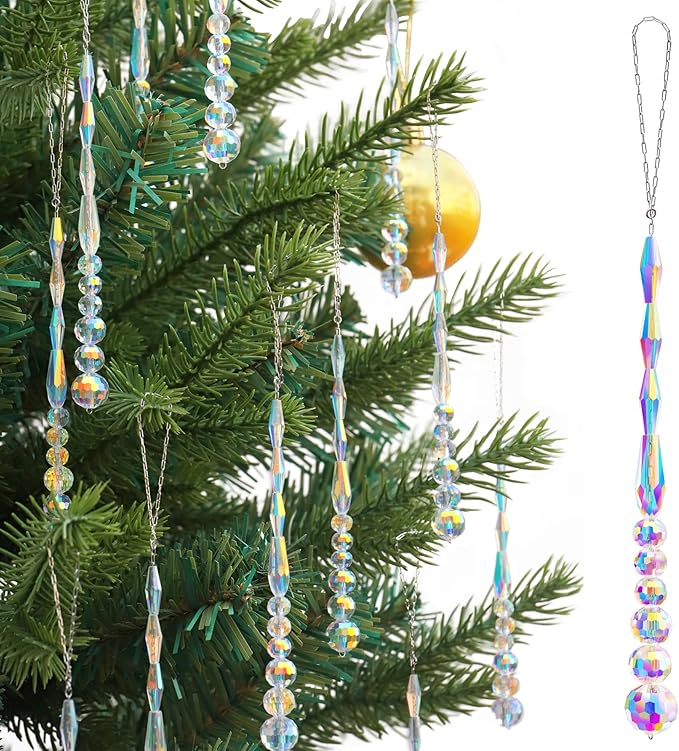 12pcs Crystal Icicle Christmas Tree Ornaments, Glass Beads Hanging Chandelier Pendants for Christmas Party Wedding Winter Decorations (Crystal AB)
