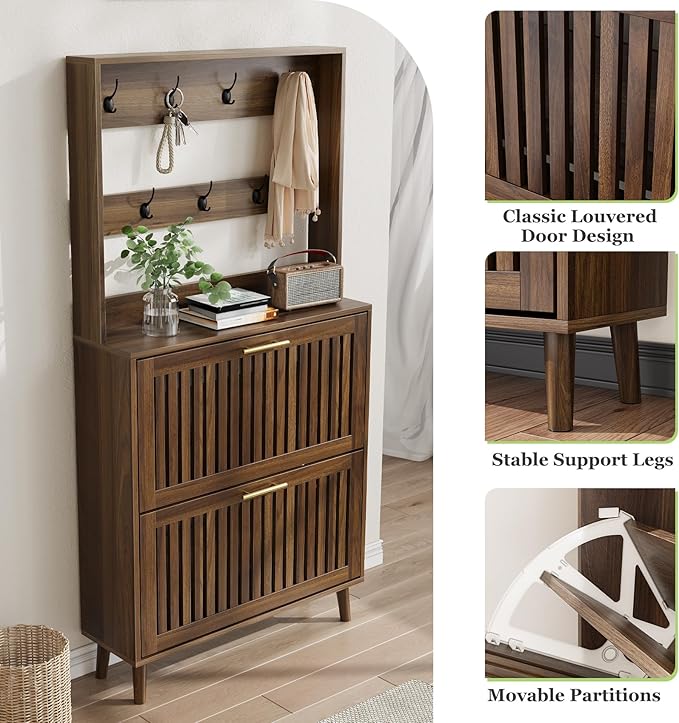 Tall Shoe Cabinet with Coat Rack, Shoe Storage Cabinet with Louvered 2 Doors, Tall Freestanding Entryway Shoe Cabinet with Adjustable Shelves, Modern Shoe Organizer Cabinet, Shoe Rack Cabinet (Walnut)