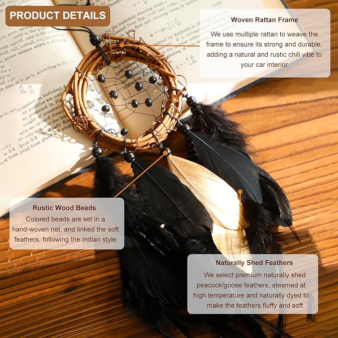 Mini Dream Catcher Car Rear View Mirror Accessories, Native American Car Interior Decor Charms Natural Rattan Black Feathers Wall Hanging Ornament for Men