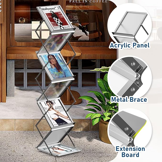 6 Pockets Foldable Literature Rack - Aluminum Magazine Rack, Brochure Catalog Display Stand with Carrying Bag for Exhibition, Trade Show, Office, Retail Store, Home - Silver