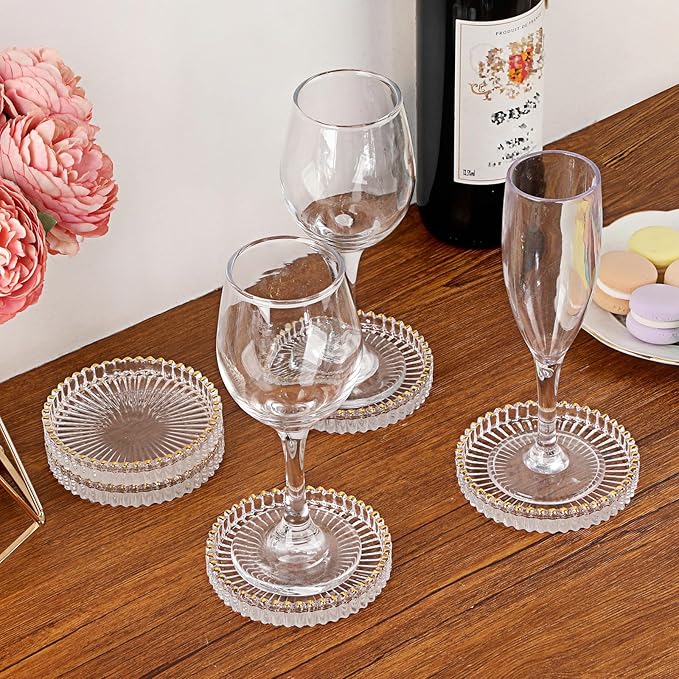 Set of 5 Modern Clear Coaster, Glass Coasters for Drinks, Crystal Coasters Round Cup Mat, Coffee Table Decor for Office, Kitchen, Bar, Dining Room, Living Room, Patio (Clear with Gold Rim)