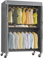 VIPEK R2C Plus Heavy Duty Rolling Garment Rack with Cover Clothing Racks for Hanging Clothes Portable Closets with Adjustable 3 Wire Shelves, Double Rods, Black Rack with Grey Upgraded Polyester Cover