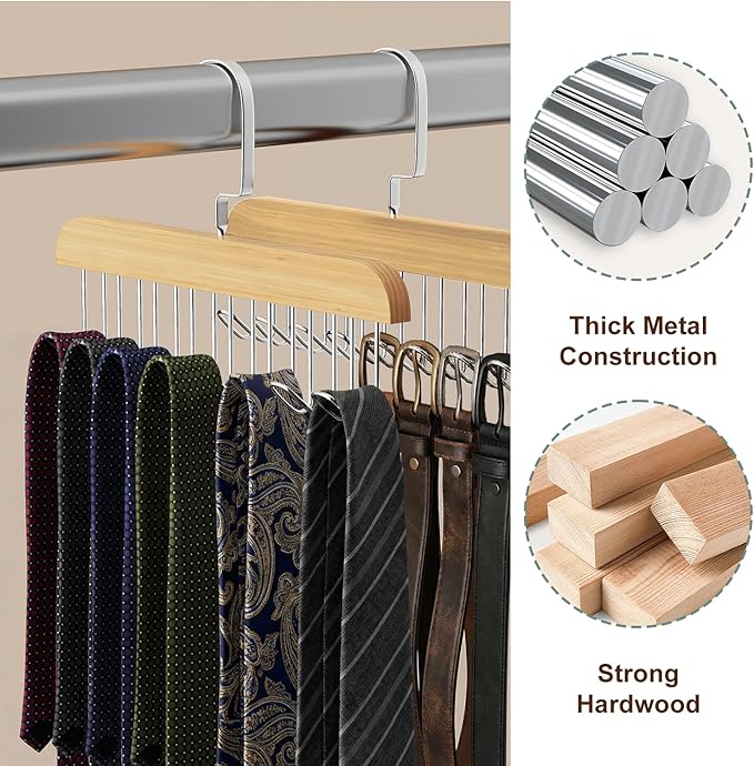 2 Pack Tie Hanger for Closet, Wooden Tie Racks Hanger with Upgraded 360°Rotating, Space-Saving Belt Holders with 8 Hooks, Closet Storage for Tie,Tank Top,Bra, Scarf,Hat