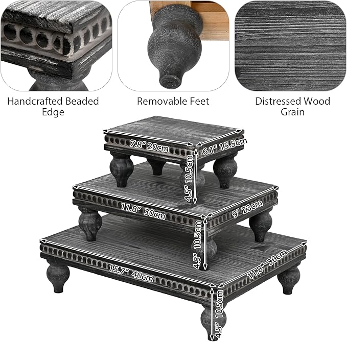 Swallowliving 3 Pcs Set Farmhouse Wood Risers for Display Decorative, Rustic Shabby Chic Tiered Tray for Kitchen Counter, Coffee Bar Table, Dining Room, Wooden Rectangle Beaded Pedestal Stand for Food, Black