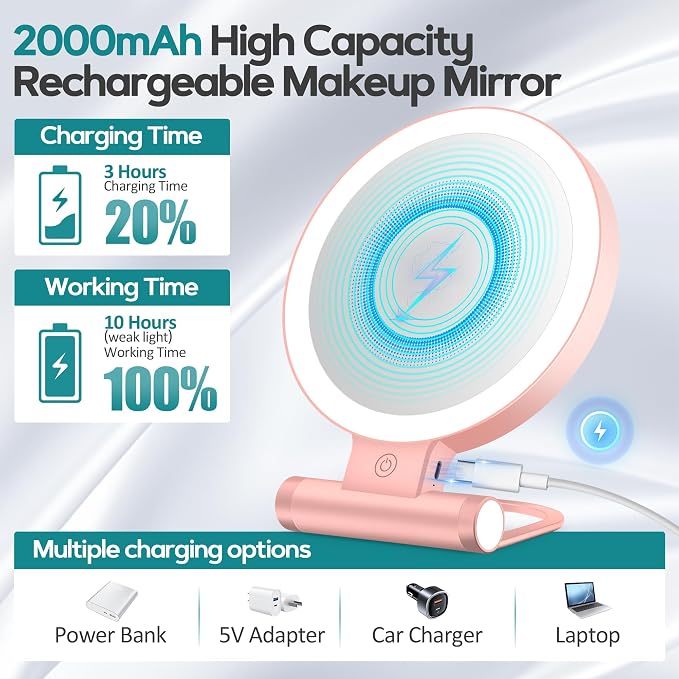 B Beauty Planet Magnifying Mirror with Light 30X, Double-Sided 1X/30X Magnifying Makeup Mirror with Tweezer, 2000mAh 3 Colour Modes with Adjustable Brightness,Foldable Compact Travel Mirror(Rose Gold)