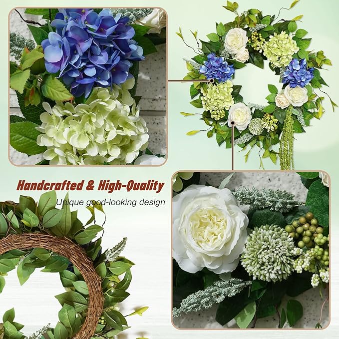 Spring Summer Wreaths for Front Door 24 Inch Summer Wreath with Hydrangea, Rose & Peony Floral Spring Door Wreath with Lush Greenery for Indoor & Outdoor Seasonal Home Decor