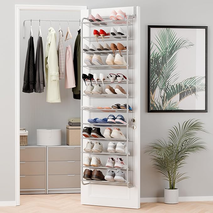 Whitmor 36 Pair Over The Door Shoe Organizer, 12 Tier Hanging Shoe Organizer, Heavy Duty Metal & Mesh Shoe Holder, Hanging Shoe Rack for Closet Organizer & Storage, 69"L x 21.7"W x 7.5"H, Grey