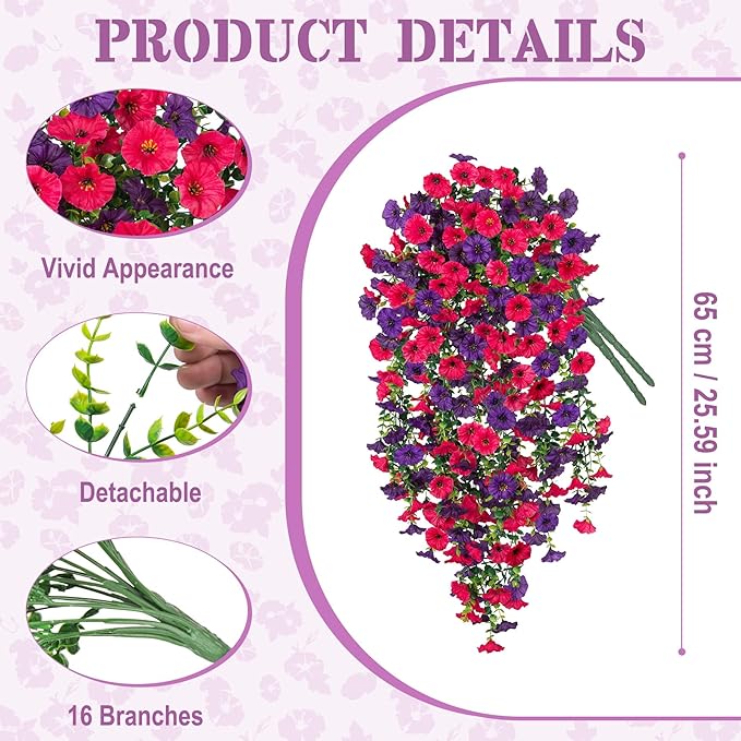 Artificial Hanging Flowers for Outdoor, 2pcs Fake Plants Long Vine Morning Glory Eucalyptus, Spring Summer UV Resistant Realistic Faux Greenery Indoor Outside Patio Porch Garden Decor, Hot Pink Purple