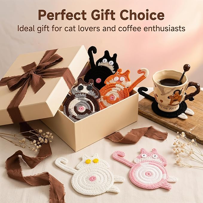 Cat Gifts for Cat Lovers 5PCS Cat Coaster Woven Creative Cute Cat Coaster Insulation Coaster Coffee and Tea Coaster Desktop Gifts