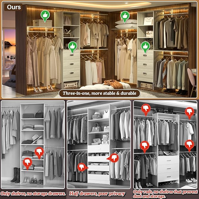 8FT Closet System, 96'' Closet Organizer System with 3 Hanging Rods, Wall Mount Bedroom Wardrobe with 3 Drawers Walk-in Closet, Adjustable Garment Rack from 5 to 8FT(Cut to Fit), White Oak