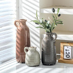 Ceramic Vases Set of 3, Neutral Rustic Farmhouse Vase with Handle, Decorative Flower Vases Home Decor Modern Boho Pampass Vase for Table Mantel Entryway Shelf Living Room Kitchen Bathroom - Brown