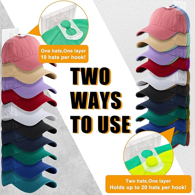 Hat Racks for Baseball Caps,Hats Rack Organizer Hold Up to 20 Hats,Hat Organizer for Baseball Caps Hat Holder Storage Display Adhesive/Wall Drilled for Wall,Door,Closet,Hat Racks for wall (1PK, Clear)