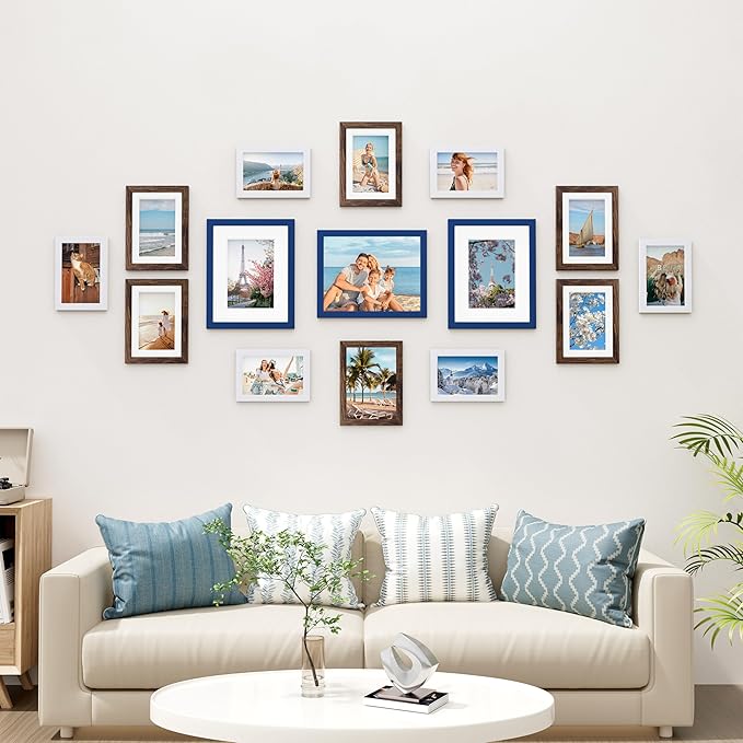 Vittanly 15 Pack Picture Frames Collage Wall Decor, Multi Sizes Including 3pcs 8x10, 6pcs 5x7 and 6pcs 4x6 Photo Frames, Gallery Frame Set for Wall or Tabletop Display, Blue, Brown and White