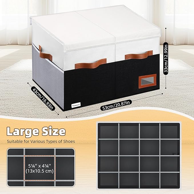 Shoe Organizer for Closet, Foldable Shoe Storage Bins with Lid & Adjustable Dividers, Fabric Shoe Box Storage Containers with Four Reinforced Handles, Fits 16 Pairs, 1 Pack, Black & White