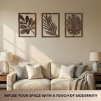 qmmp Modern Wooden Wall Sculptures - Set of 3 - Home Decor Accent - Large Wall Art for Living Room, Bedroom, Office - Easy Installation (Walnut, Large - Tree Leaves)