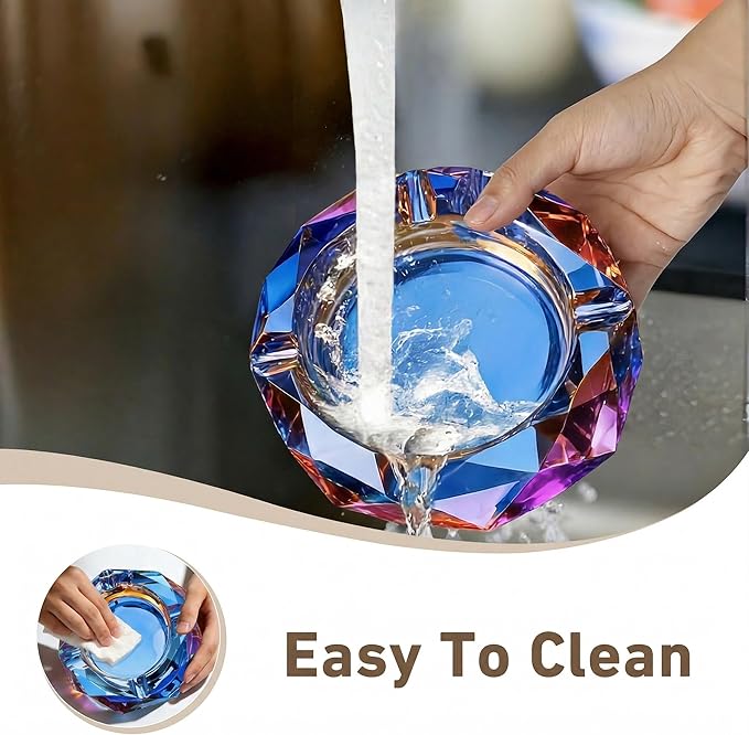 Coomin 5.9in Large Crystal Glass Ash Tray, Sparkly Cigarettes Cigar Ashtray, Ashtrays for Smokers Indoor Office Home Desktop Tabletop, Unique Luxury Gifts for Men, Blue