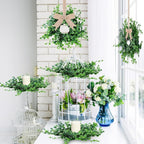 4 Pcs Mini Spring Wreaths Boxwood Table Centerpieces Green Pillars Candle Rings Wreaths 9 Inch Wreath for Cabinets Farmhouse Wreath with Ribbon for Front Door Porch Wall Window Decoration