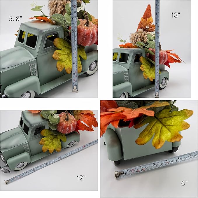 Vintage Turquoise Metal Truck with Gnomes Pumpkin Maple Leaf Farmhouse Table Top Fall Decor, Autumn Themed Thanksgiving Old Pickup Truck Decorations for Home Table Shelf, 12 inch