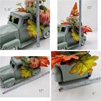 Vintage Turquoise Metal Truck with Gnomes Pumpkin Maple Leaf Farmhouse Table Top Fall Decor, Autumn Themed Thanksgiving Old Pickup Truck Decorations for Home Table Shelf, 12 inch