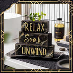 Moucuny 4 Pcs Black and Gold Bathroom Shelf Decor Sign Farmhouse Bathroom Decor and Accessories Rustic Eucalyptus Leaves Block Sign Gift Relax Soak Unwind Farmhouse Table Centerpiece for Home Toilet