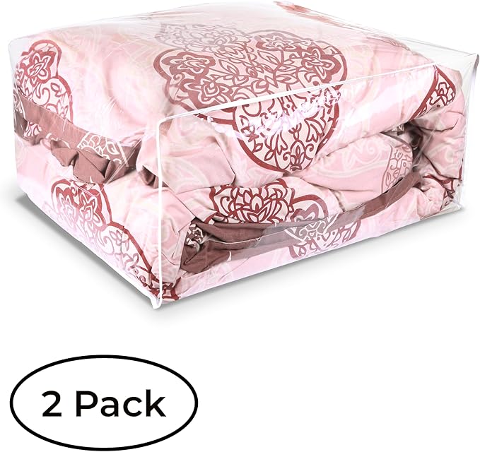 Set of 2 Zippered Vinyl Storage Bag, 24x20x11 Inch, Clothes Bag Organizer, Space Saver PVC Comforter Clear Storage Bags for Blanket