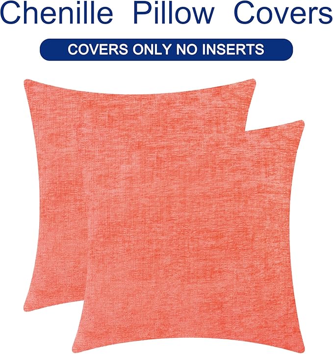 CaliTime Throw Pillow Covers Decorative 22 X 22 Inches Pack of 2 Cozy Chenille Cushion Cases for Couch Sofa Bed Living Room Home Living Coral