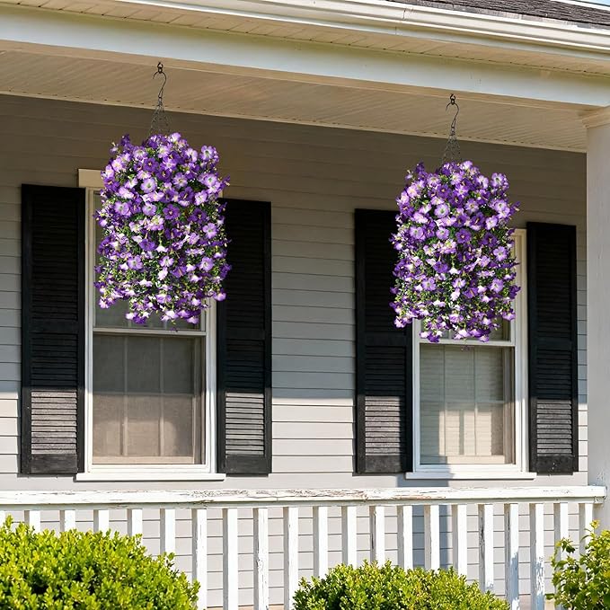 Artificial Fake Hanging Flowers Plants for Outdoor Spring Decoration,2 PCS Faux Silk Morning Glory with Eucalyptus Leaves,UV Resistant Realistic Trailing Vines for Balcony Porch Patio Yard Garden