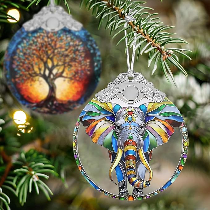 Stained Glass Suncatcher Ornament - Elephant Christmas Decorations - Christmas Ornaments for Tree - Holiday Present Ideas - Gift Exchange