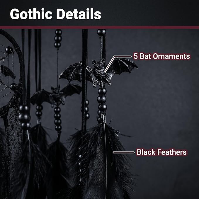 Halloween Gothic Black Dreamcatcher with 5 Bat Ornaments - Wall Hanging for Witchy Home Outdoor Decor, Halloween Bat Decor, Dark Gothic Gift, Goth Wall Hanging Decor