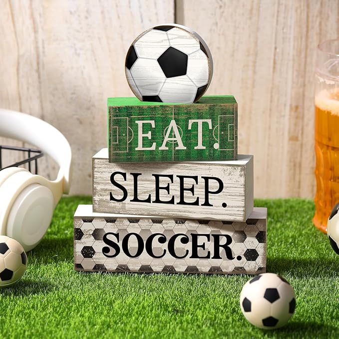 Yuntau 4 Pcs Soccer Wooden Tabletop Decor Soccer Tiered Tray Decor Rustic Wood Block Sign Gift Centerpiece Farmhouse Table Sign for Home Boys Room Office Shelf Birthday Party