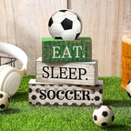 Yuntau 4 Pcs Soccer Wooden Tabletop Decor Soccer Tiered Tray Decor Rustic Wood Block Sign Gift Centerpiece Farmhouse Table Sign for Home Boys Room Office Shelf Birthday Party