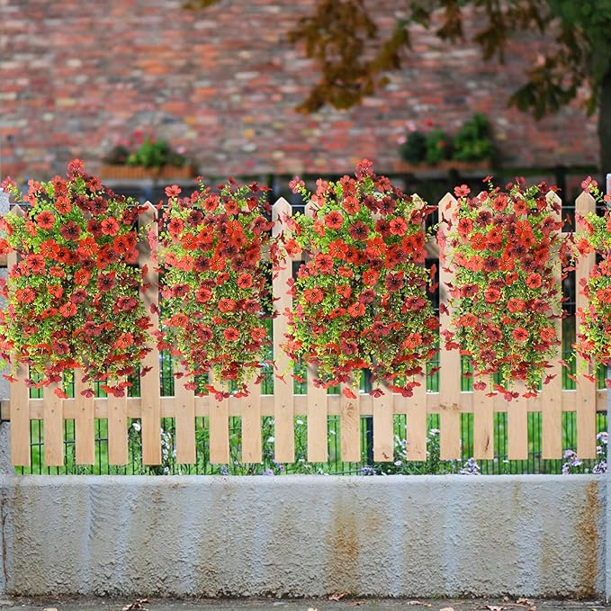 Homsunny Artificial Fake Flowers Plants for Outdoor Decoration, 2 PCS Faux Mums Flowers for Outside UV Resistant Realistic for Porch Patio Garden Yard Balcony Home Decor(Red Brown)