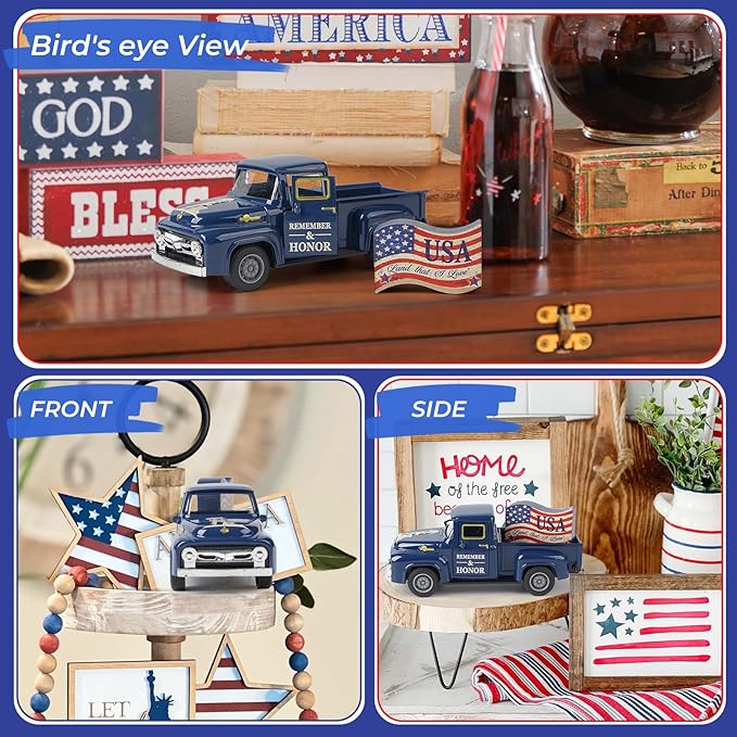 Memorial Day Patriotic Truck Decor, Americana Vintage Pickup Truck Tabletop Decoration, Rustic Farmhouse Tiered Tray Decor for 4th of July Independence Day Home Office