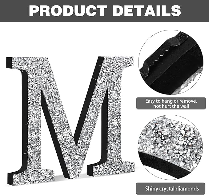 Qunclay 8'' Silver Crystal Diamond Bling Letters Crushed Diamond Decoration Wooden Glitter Letter with Screw and Hooks Rhinestone Gift for Wedding Y2k Mcbling Bedroom Wall Decor (Letter M)
