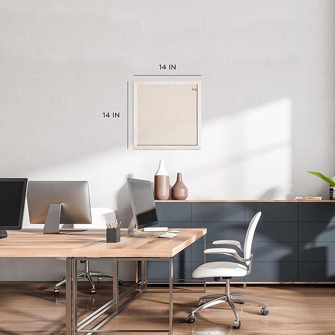 U Brands Rustic Linen Bulletin Board, 14" x 14", White Wood Style Frame, Industrial Grade Pinning Surface, Includes Push Pins