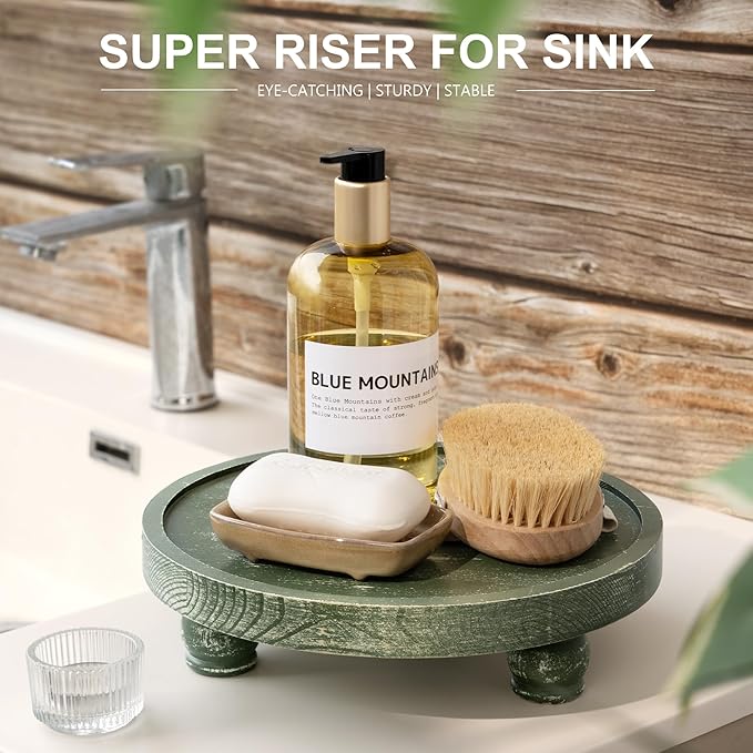 EOSAHR Farmhouse Pine Wood Riser for Home Decor – Round Pedestal Stand for Coffee Table & Kitchen Sink – Stylish Display Stand for Dish Soap Dispenser, Candles, Plants and Cupcakes (Green)