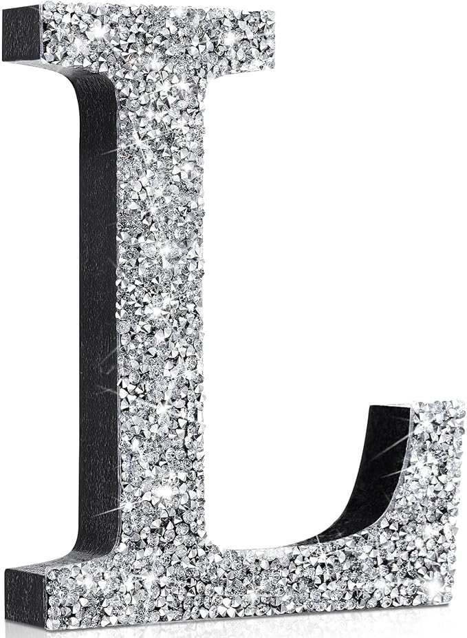 Qunclay 12'' Silver Crystal Diamond Bling Letters Crushed Diamond Decoration Wooden Glitter Letter with Screw and Hooks Rhinestone Gift for Wedding Y2k Mcbling Bedroom Wall Decor (Letter L)